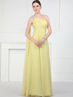 A-line One Shoulder Beading Chiffon Floor-length Dress