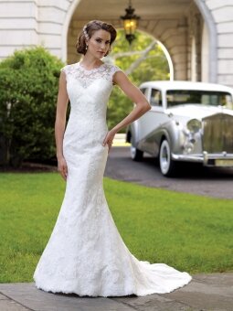 Trumpet/Mermaid Scoop Lace Satin Sweep Train White Buttons Wedding Dresses