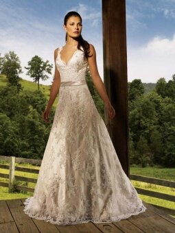 A-Line V-neck Crystal Satin Chapel Train Wedding Dress