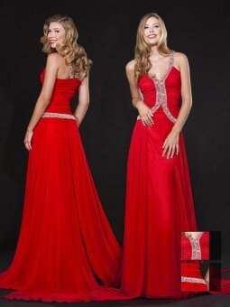 A-line Straps Chiffon Floor-length Red Beading Prom Dresses