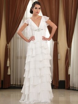 Sheath/Column V-neck Chiffon Floor-length Tiered Wedding Dresses