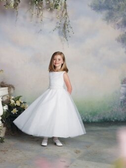 Bateau A-line Ankle Length White Tulle Flower Girl Dress (FLGL0250)