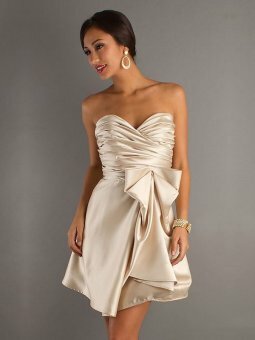A-line Sweetheart Champagne Ruched Satin Knee-length Dress