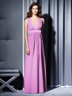 A-line V-neck Belt Floor-length Pink Chiffon Dresses