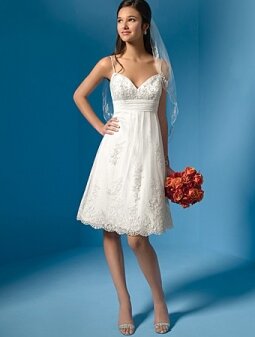 Empire Spaghetti Straps Lace Embroidery White Knee-length Dress (XFSRDS014)