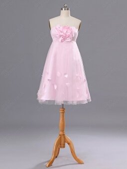 A-line Strapless Tulle Satin Short/Mini Flower(s) Bridesmaid Dresses