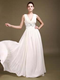 A-line V-neck Chiffon Floor-length White Belt Wedding Dress