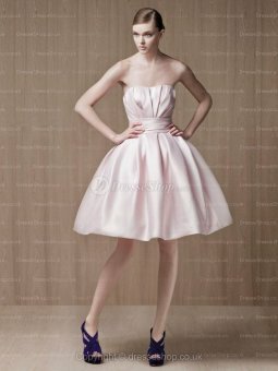 Ball Gown Strapless Pearl Pink Ruffled Satin Knee-length Prom Dress