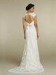 Sheath/Column V-neck Lace Satin Sweep Train White Flowers Wedding Dresses